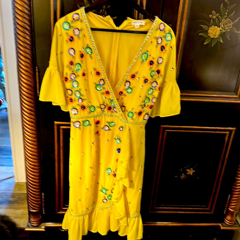 Frock and Frill Yellow beaded party dress sz8